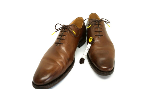 Lacets coton ciré marron et jaune - Made in France - Chaussure marron Paire Pack - Face - Petit-détail.com