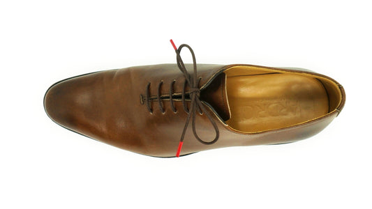 Lacets coton ciré marron et rouge - Made in France - Chaussure marron - Dessus - Petit-détail.com