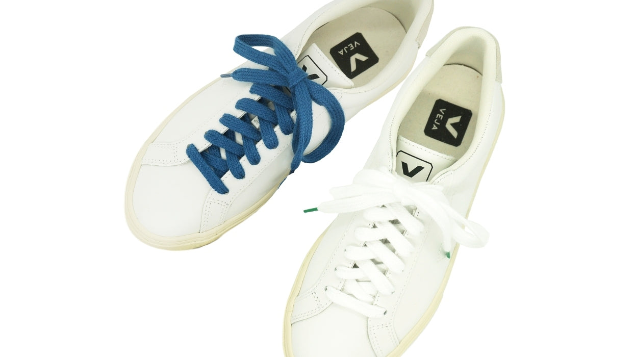Lacets sneakers coton bio certifié - bleu profond - blanc et vert cactus - Made in France - Unisexe Paire - Dessus - Petit-détail.com