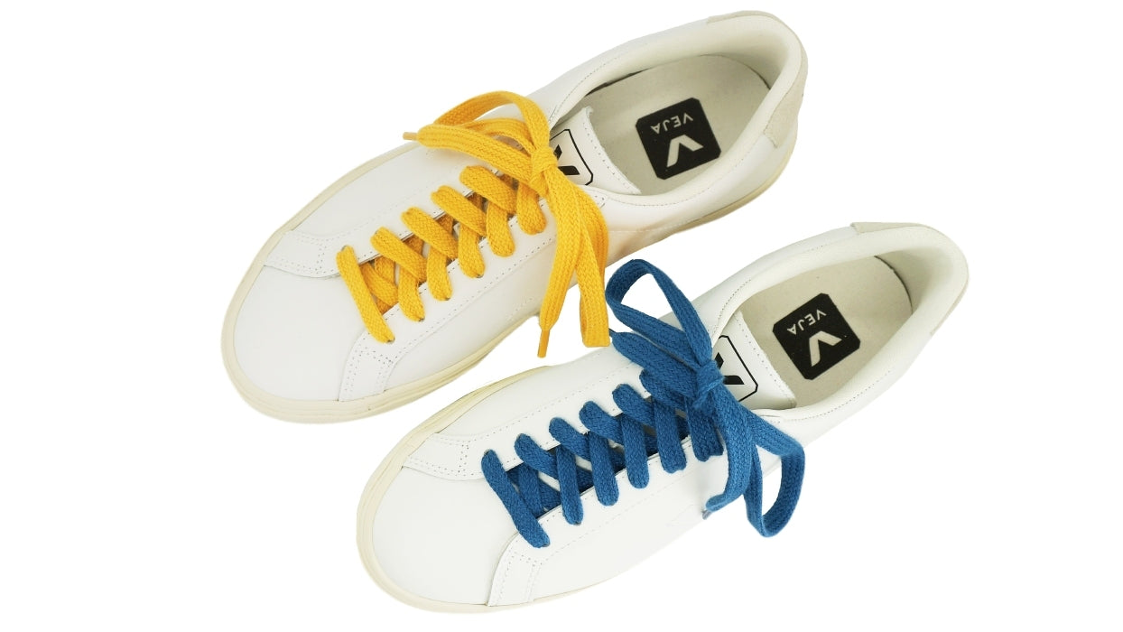 Lacets sneakers coton bio certifié - bleu profond - ocre jaune - Made in France - Unisexe Paire - Dessus - Petit-détail.com