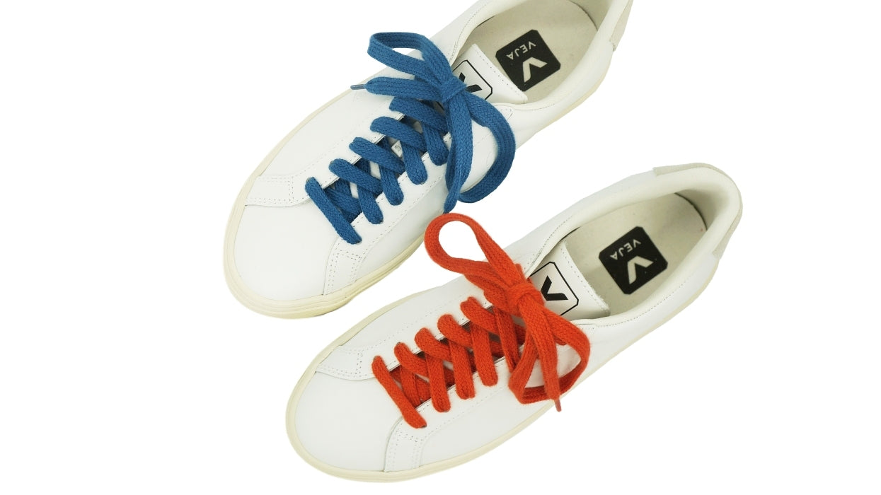 Lacets sneakers coton bio certifié - bleu profond - terracotta - Made in France - Unisexe Paire - Dessus - Petit-détail.com