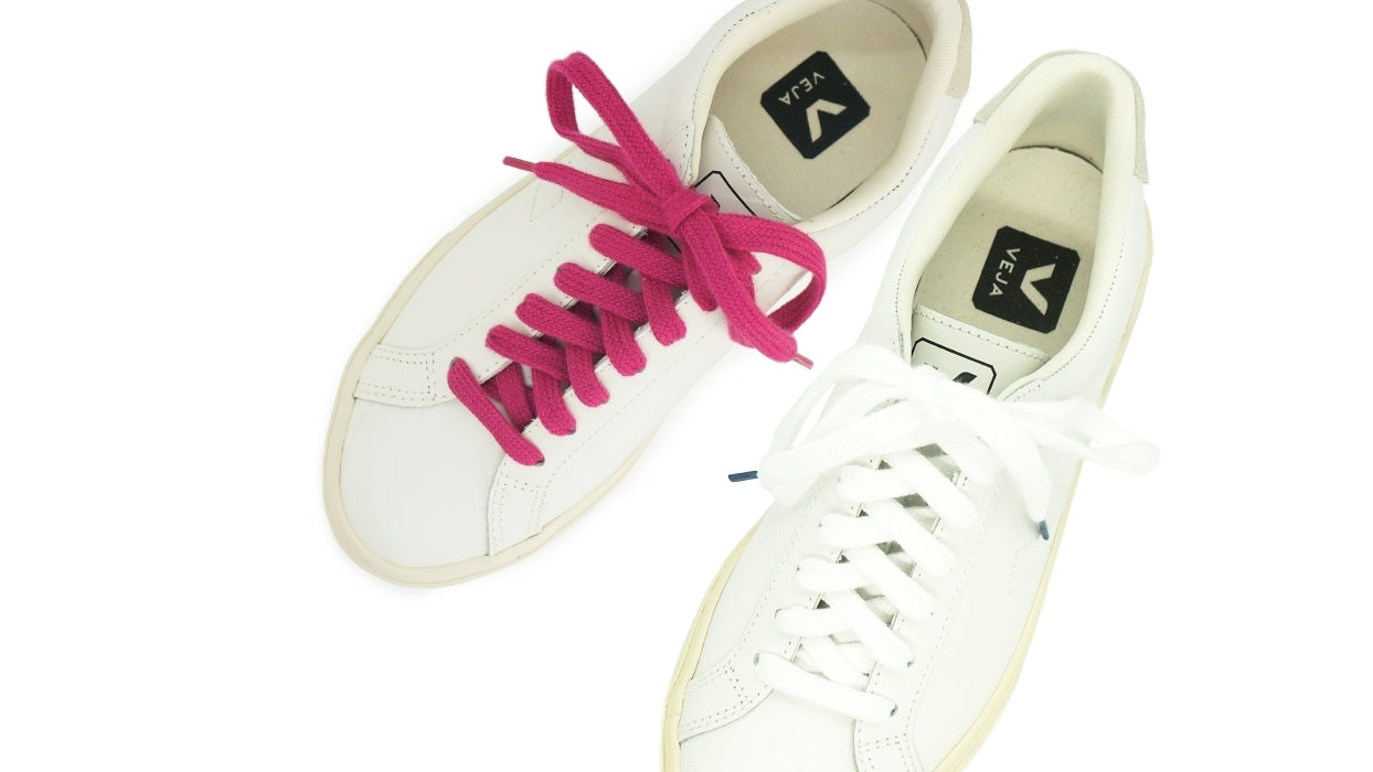 Lacets sneakers coton bio certifié - magenta intense - blanc et bleu nuit - Made in France - Unisexe Paire - Dessus - Petit-détail.com