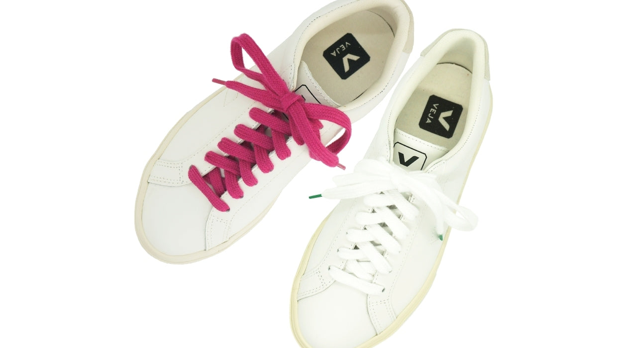 Lacets sneakers coton bio certifié - blanc et vert cactus - magenta intense - Made in France - Unisexe Paire - Dessus - Petit-détail.com