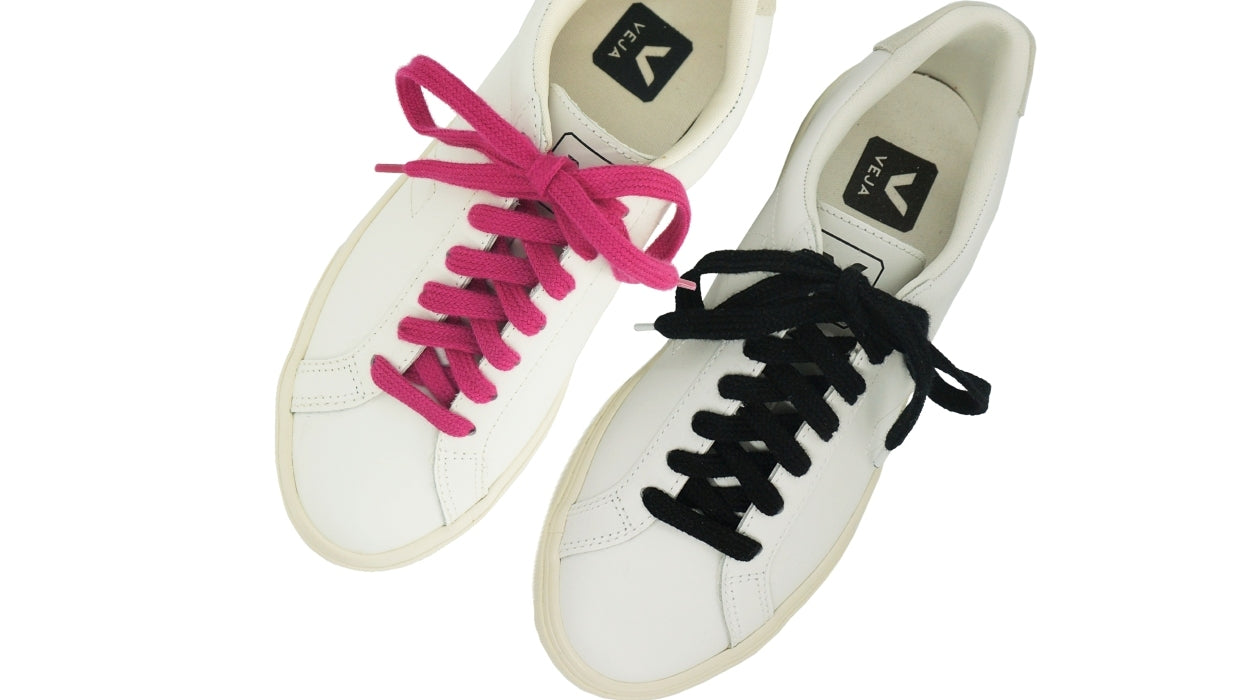 Lacets sneakers coton bio certifié - magenta intense - noir éclipse et blanc - Made in France - Unisexe Paire - Dessus - Petit-détail.com