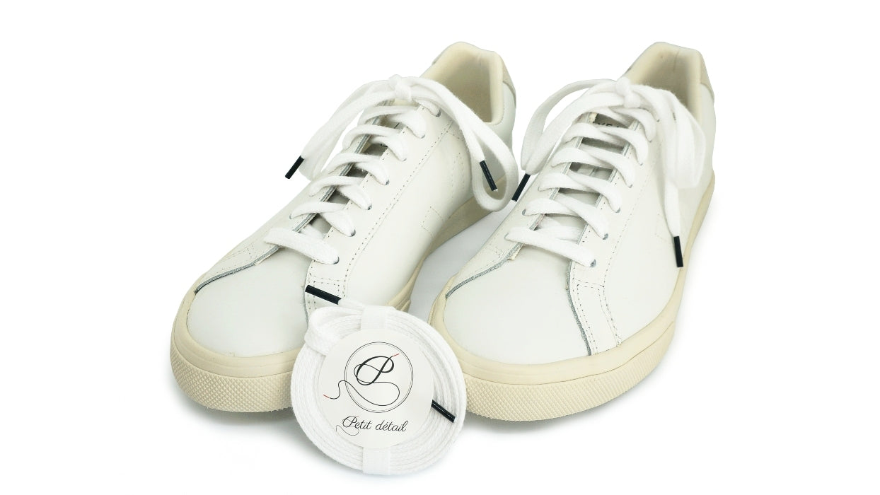 Lacets sneakers coton bio certifié - blanc et noir cobalt - Made in France - Unisexe Paire - Face - Petit-détail.com