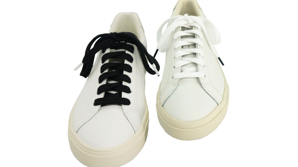 Lacets sneakers coton bio certifié - noir eclipse et blanc - blanc et noir cobalt - Made in France - Unisexe Paire - Face - Petit-détail.com