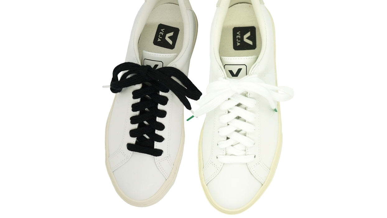 Lacets sneakers coton bio certifié - blanc et vert cactus - noir eclipse et blanc - Made in France - Unisexe Paire - Dessus - Petit-détail.com