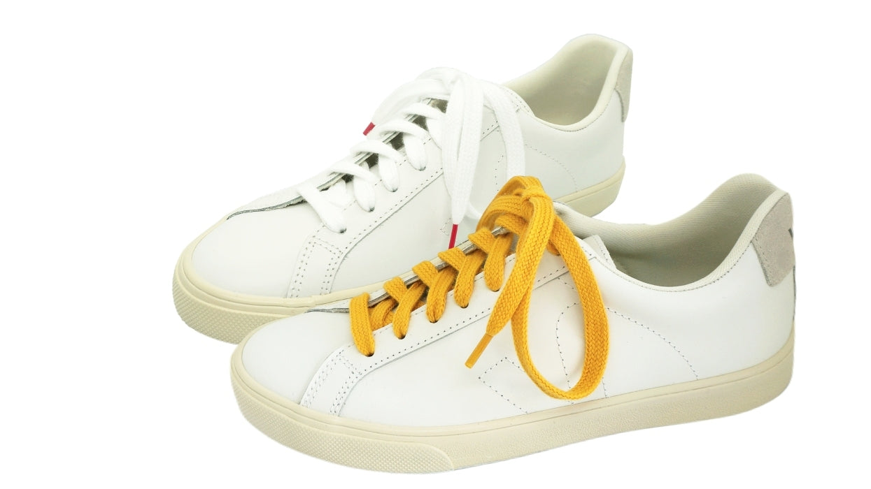 Lacets sneakers coton bio certifié - blanc et rouge framboise - ocre jaune - Made in France - Unisexe Paire - Face - Petit-détail.com