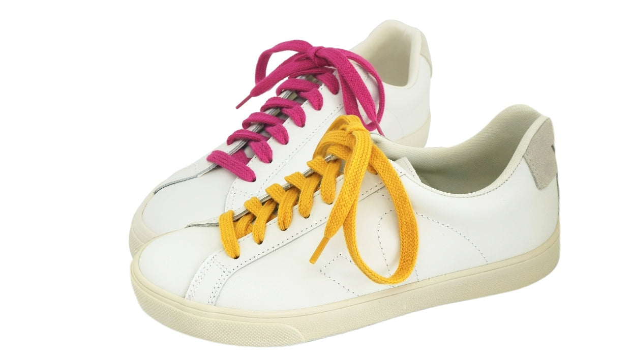 Lacets sneakers coton bio certifié - ocre jaune - magenta intense - Made in France - Unisexe Paire - Face - Petit-détail.com