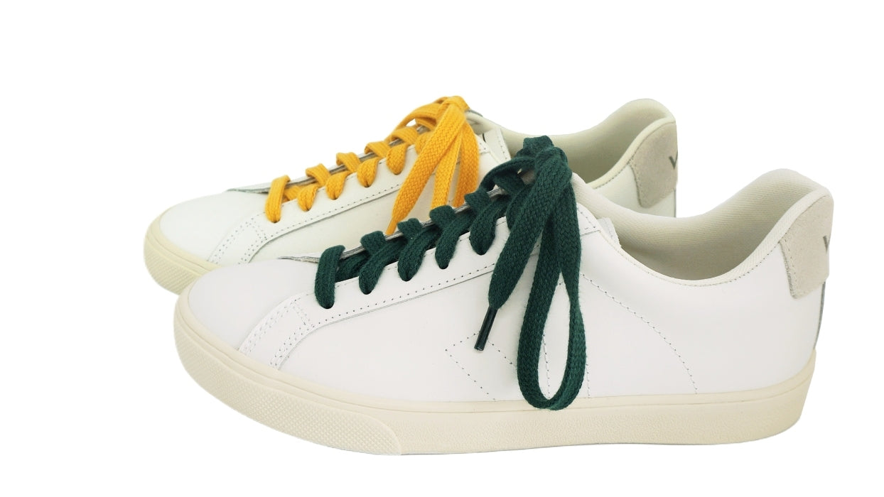 Lacets sneakers coton bio certifié - vert intense - ocre jaune - Made in France - Unisexe Paire - Face - Petit-détail.com