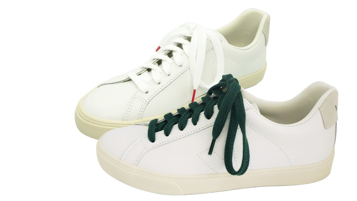 Lacets sneakers coton bio certifié - blanc et rouge framboise - vert intense - Made in France - Unisexe Paire - Face - Petit-détail.com