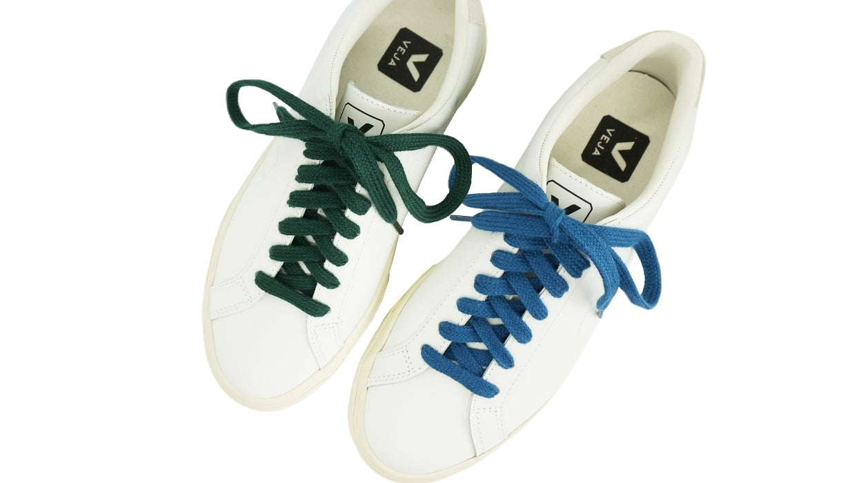 Lacets sneakers coton bio certifié - bleu profond - vert intense - Made in France - Unisexe Paire - Dessus - Petit-détail.com