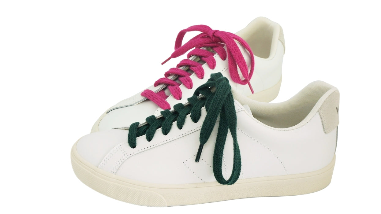 Lacets sneakers coton bio certifié - vert intense - magenta intense - Made in France - Unisexe Paire - Face - Petit-détail.com