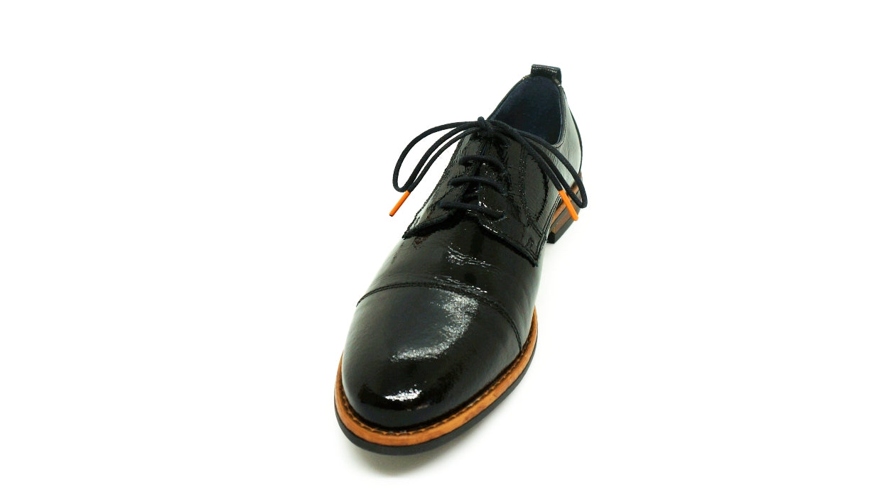 Lacets coton ciré noir et orange - Made in France - Chaussure noire - Face - Petit-détail.com