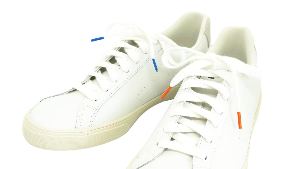 Lacets sneakers coton blanc et bleu et blanc et orange - Made in France - Unisexe Paire - Face - Petit-détail.com