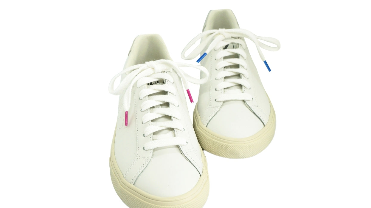 Lacets sneakers coton blanc et bleu et blanc et rose fuchsia - Made in France - Unisexe Paire - Face - Petit-détail.com