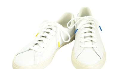 Lacets sneakers coton blanc et bleu et blanc et jaune - Made in France - Unisexe Paire - Face - Petit-détail.com