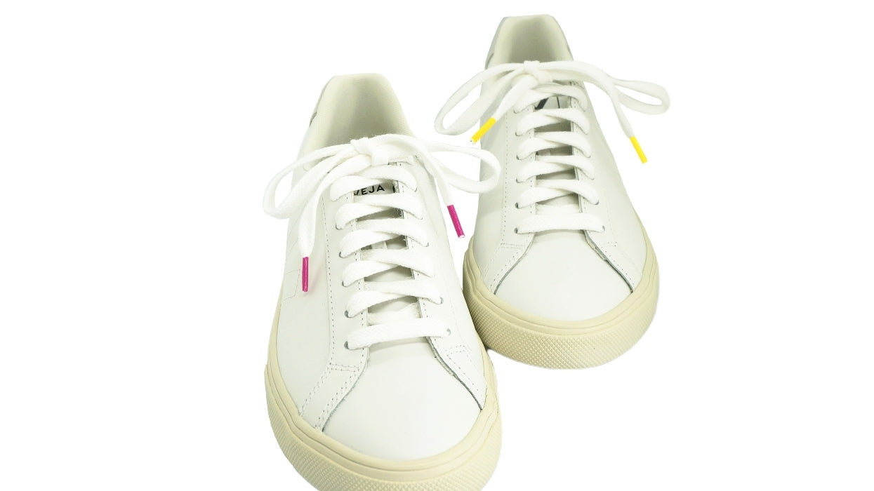 Lacets sneakers coton blanc et jaune et blanc et rose fuchsia - Made in France - Unisexe Paire - Face - Petit-détail.com
