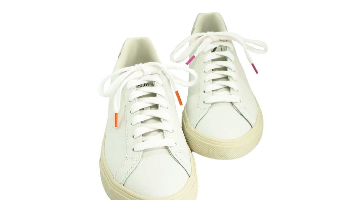 Lacets sneakers coton blanc et orange et blanc et rose fuchsia - Made in France - Unisexe Paire - Face - Petit-détail.com