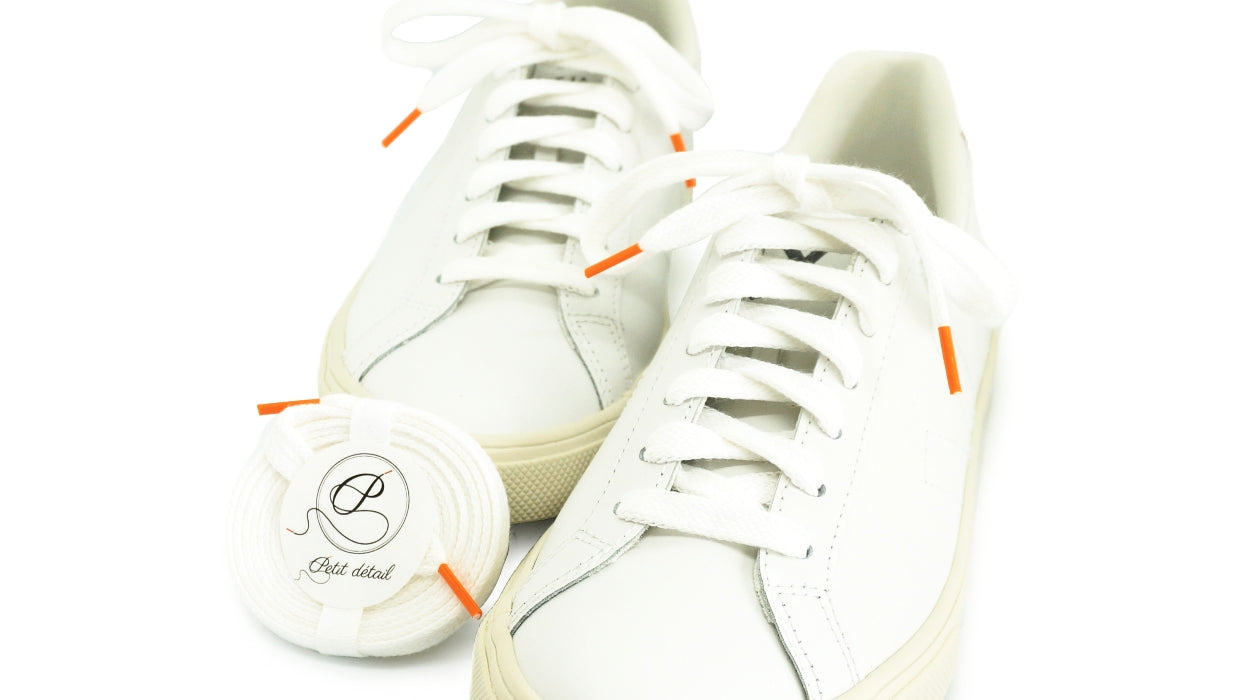 Lacets sneakers coton blanc et orange - Made in France - Unisexe Paire Pack - Face - Petit-détail.com